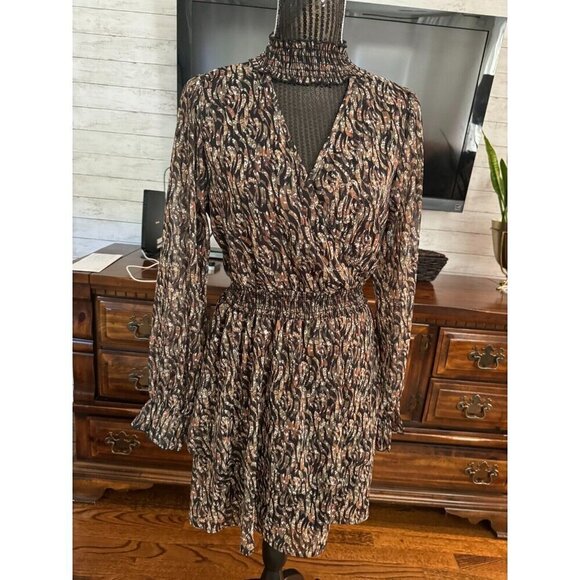 Peach Love California Carmen Floral Faux Wrap LongSleeve Mini Dress Women Size M - Picture 2 of 7